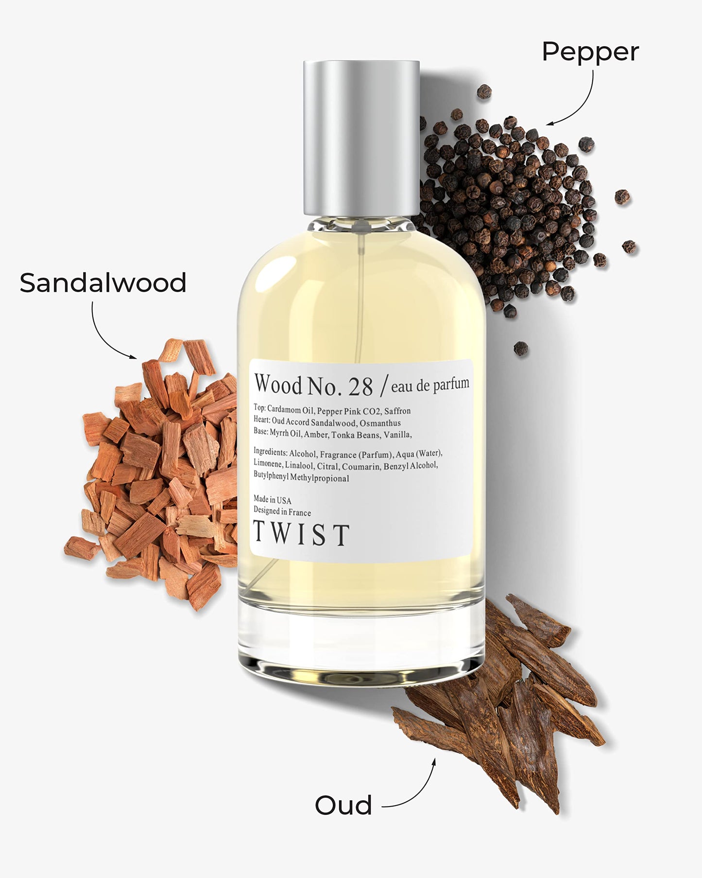 Twist Wood No. 28 - Eau De Parfum Inspired by Tom Ford's Oud Wood, Long-Lasting Perfume for Women & Men, Paraben Free, Vegan, Clean Ingredients, Unisex, Fragrance - Spray 100 ml | 3.4 fl. oz.