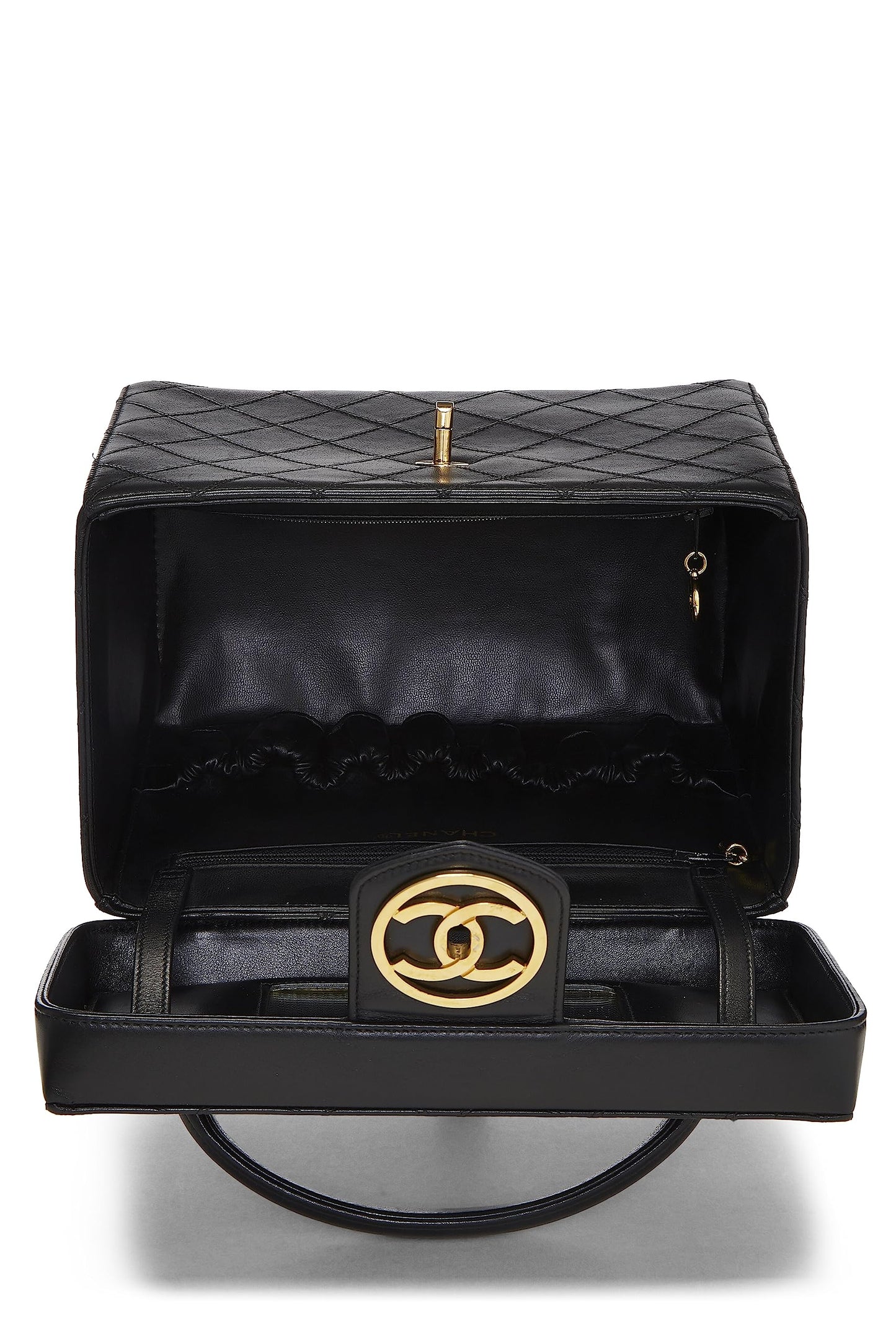 Chanel, Tocador grande 'CC' circular de piel de cordero negra Pre-Loved, Negro