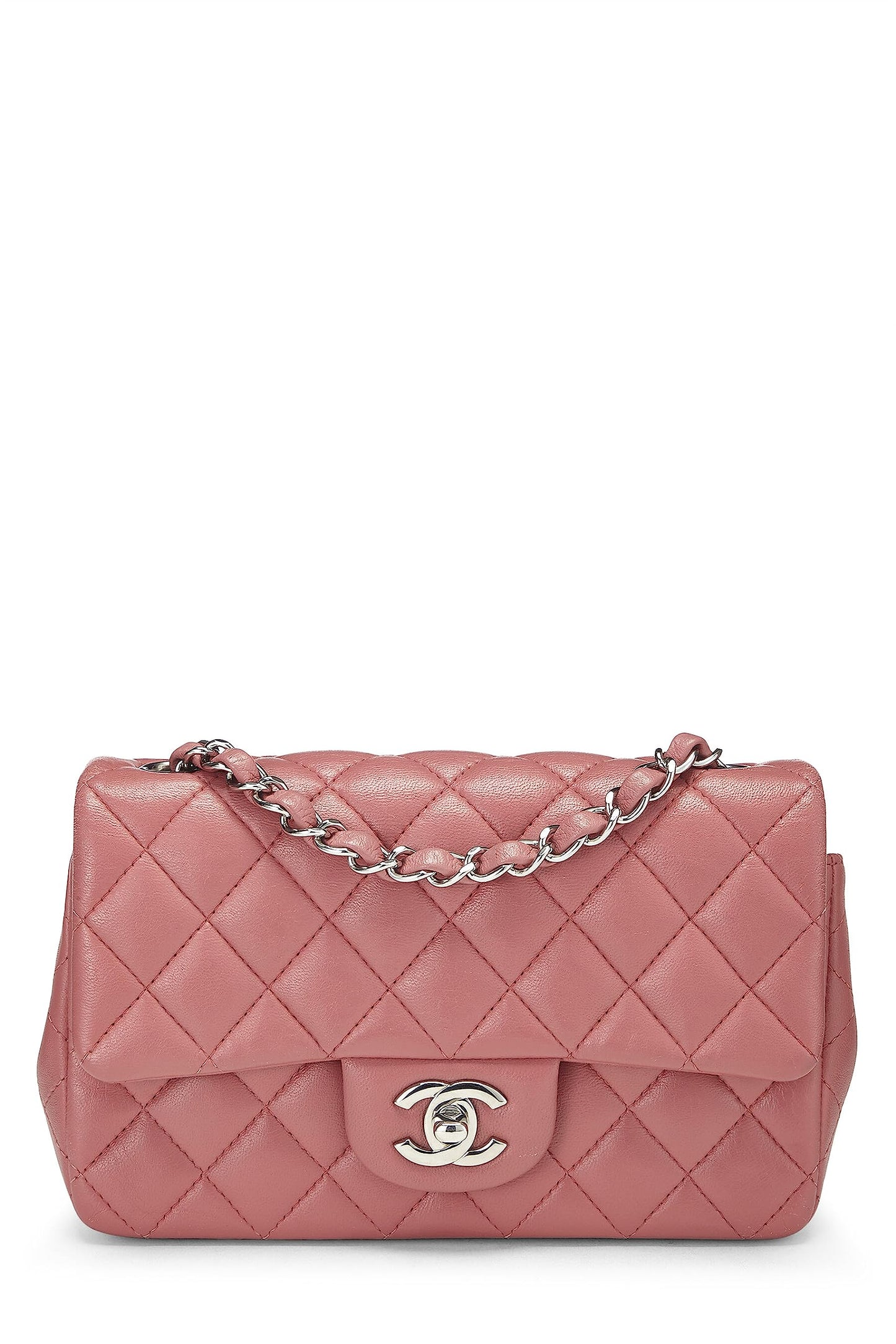 Chanel, Mini sac à rabat rectangulaire en cuir d'agneau matelassé rose d'occasion, rose