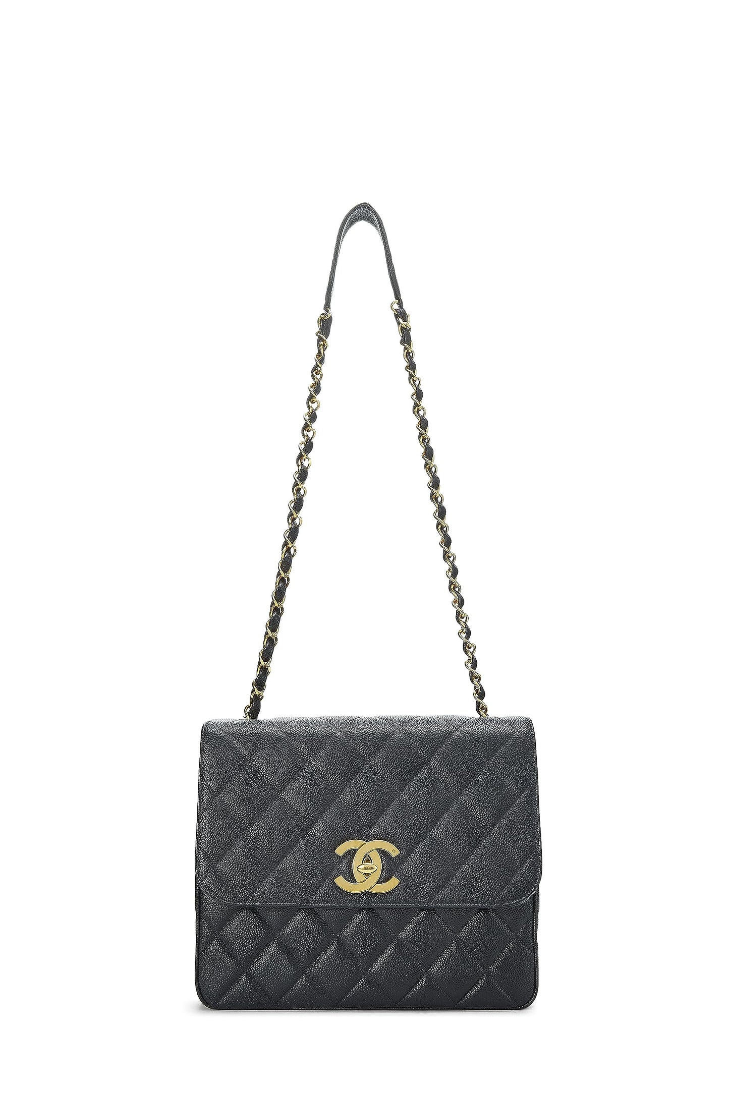 Chanel, sac à rabat carré Big CC Black Caviar d'occasion, grand modèle, noir