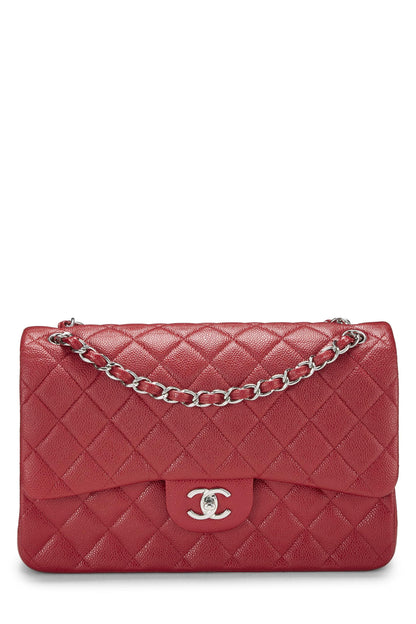 Chanel, Caviar acolchado rojo Pre-Loved New Classic Jumbo con doble solapa, Rojo