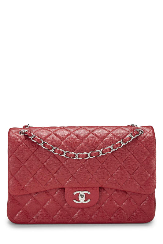 Chanel, Caviar acolchado rojo Pre-Loved New Classic Jumbo con doble solapa, Rojo