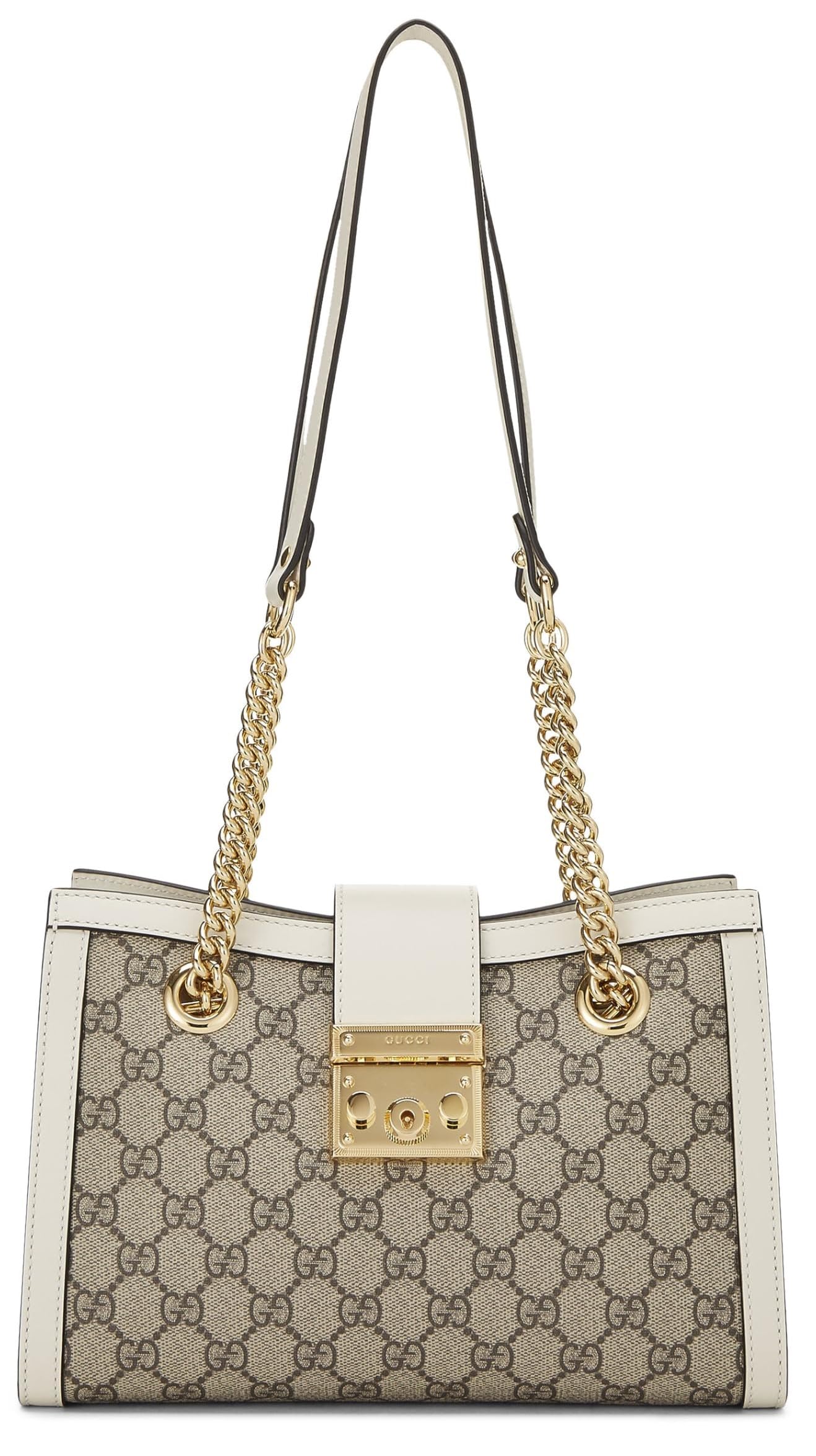 Gucci, Bolso tote pequeño con candado de lona GG Supreme color marfil Pre-Loved, Blanco