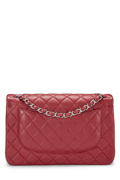 Chanel, Caviar acolchado rojo Pre-Loved New Classic Jumbo con doble solapa, Rojo