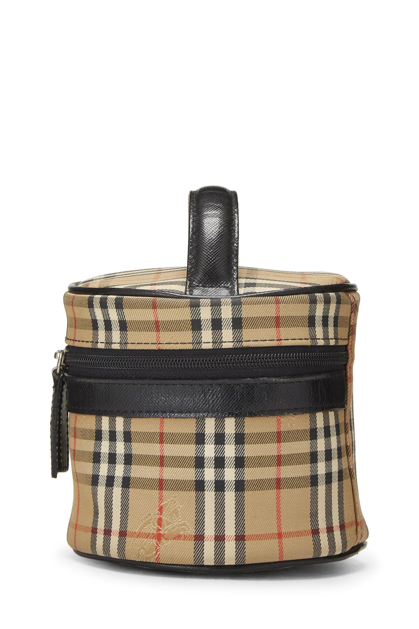 Burberry, Mini trousse de toilette ronde en toile Haymarket noire d'occasion, noire