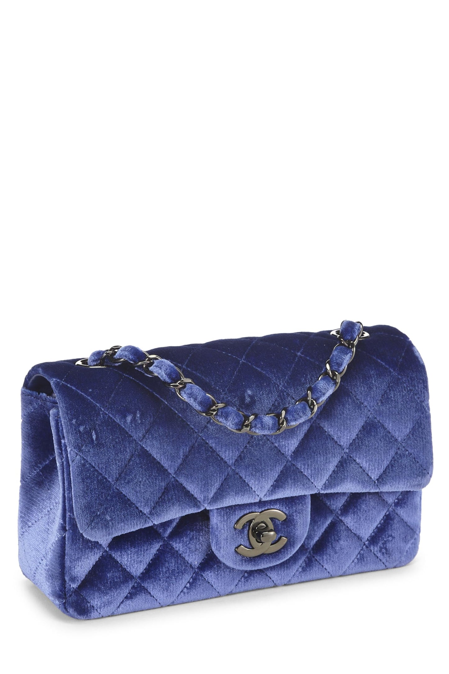 Chanel, Mini sac à rabat rectangulaire en velours violet d'occasion, bleu marine