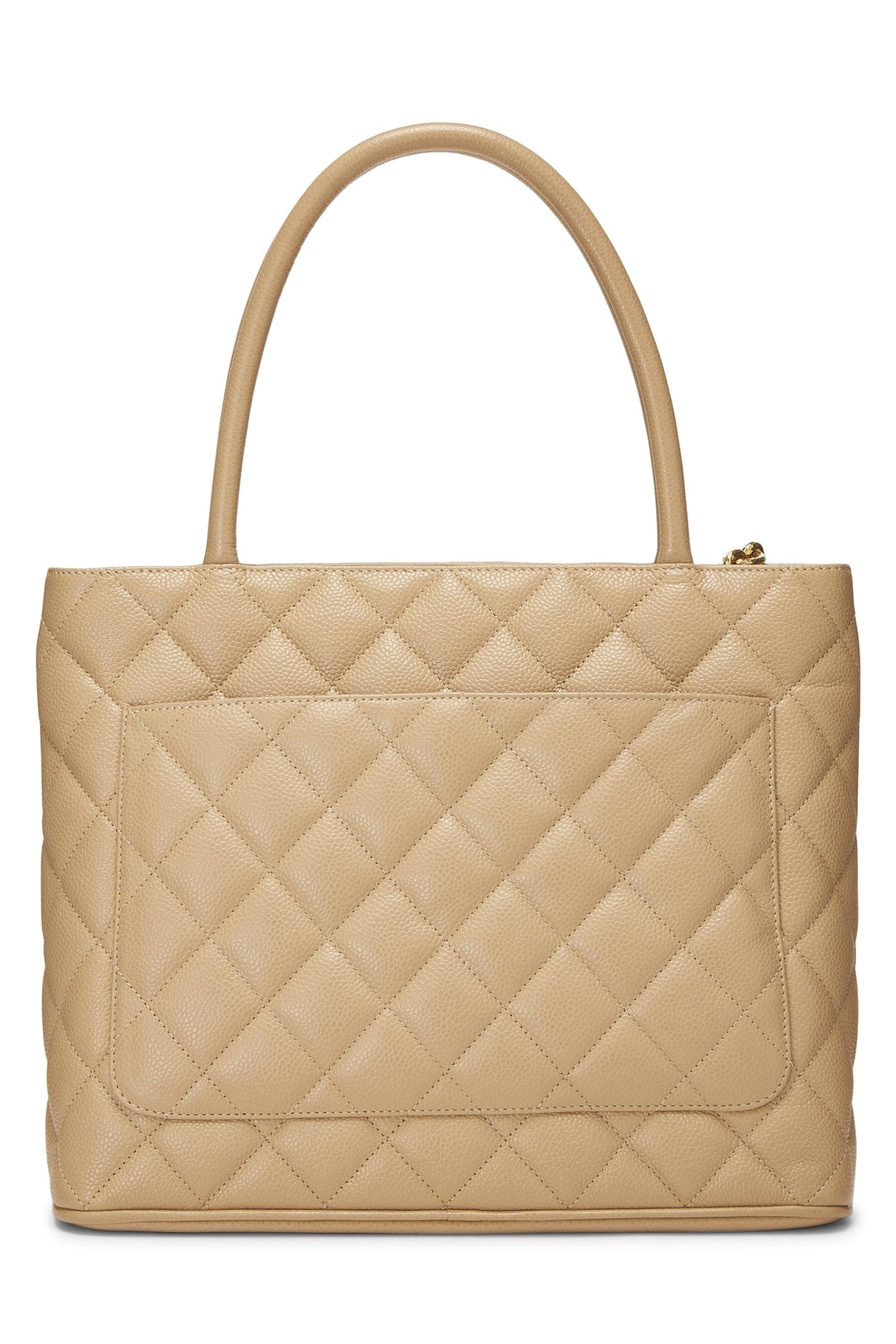 Chanel, sac fourre-tout matelassé à médaillon en caviar beige d'occasion, beige