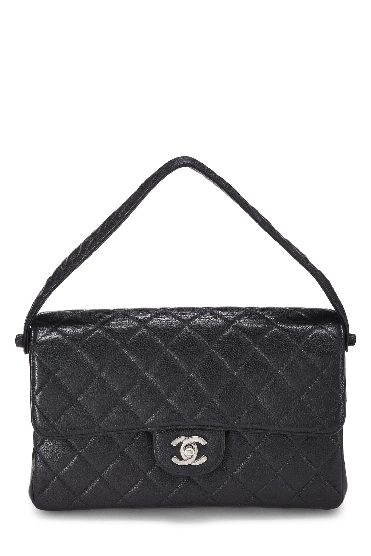 Chanel, sac à rabat classique double face matelassé noir caviar d'occasion de taille moyenne, noir