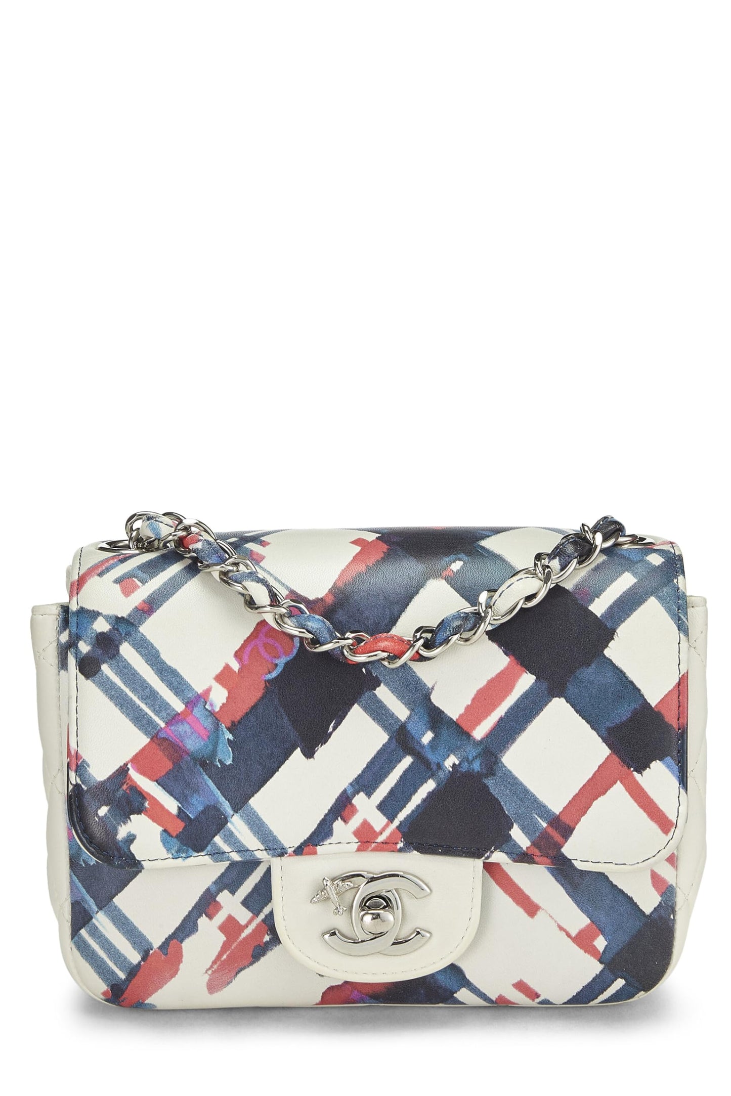 Chanel, Mini sac à rabat carré Airline en cuir de veau bleu et rouge d'occasion, multicolore