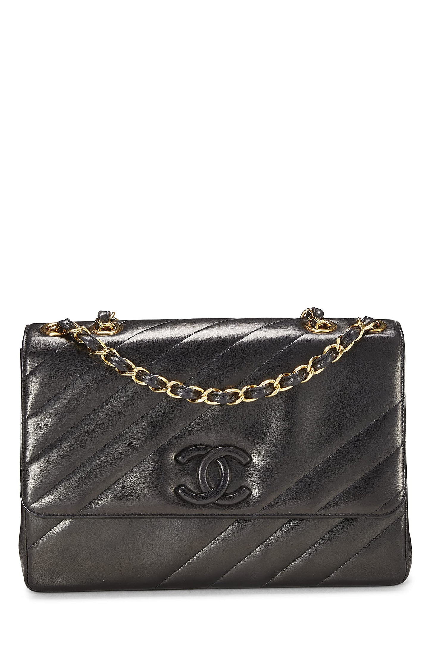 Chanel, Jumbo, sac à rabat diagonal en cuir d'agneau noir d'occasion, noir