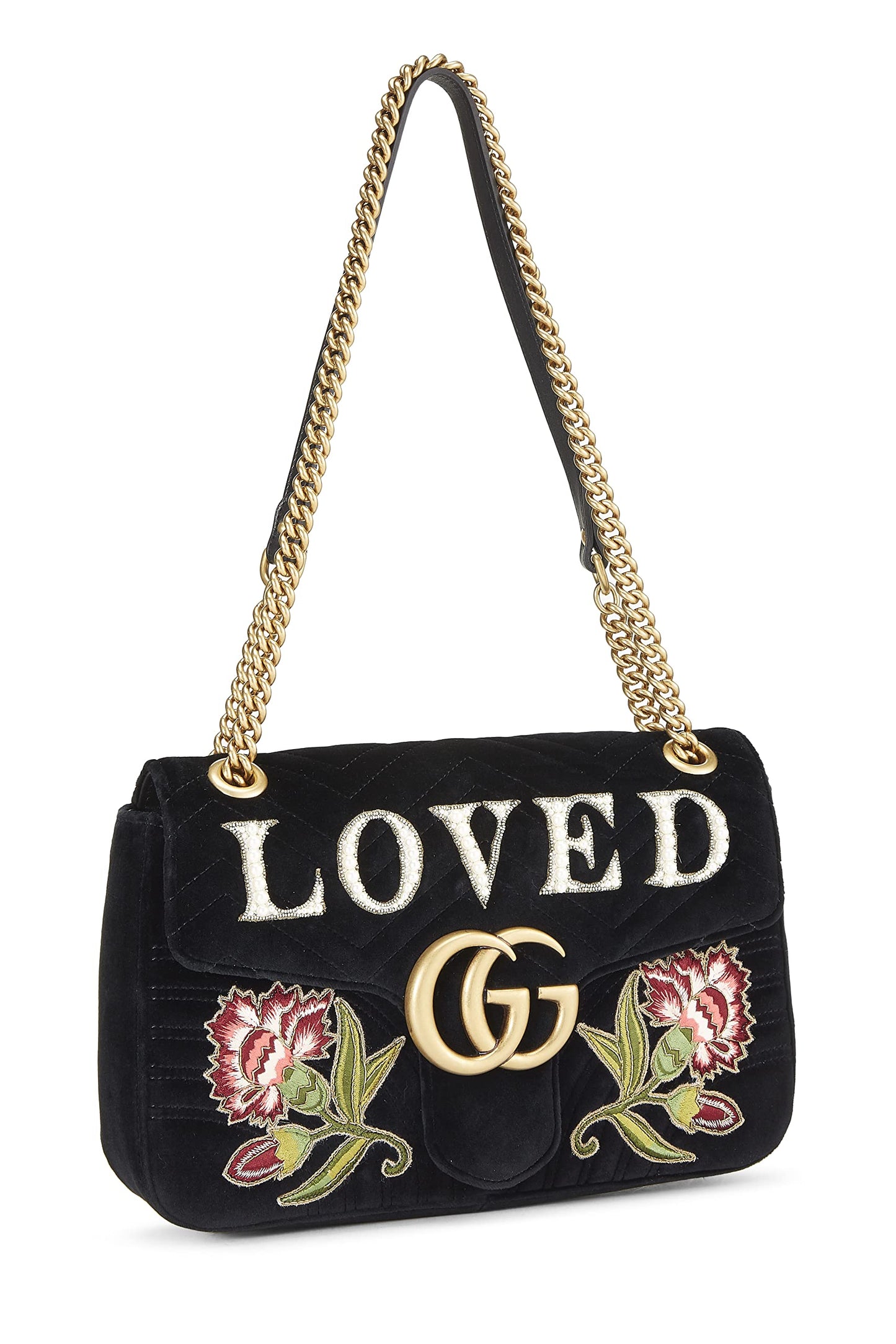 Gucci, Pre-Loved Black Velvet Marmont 'Loved' Shoulder Bag, Black