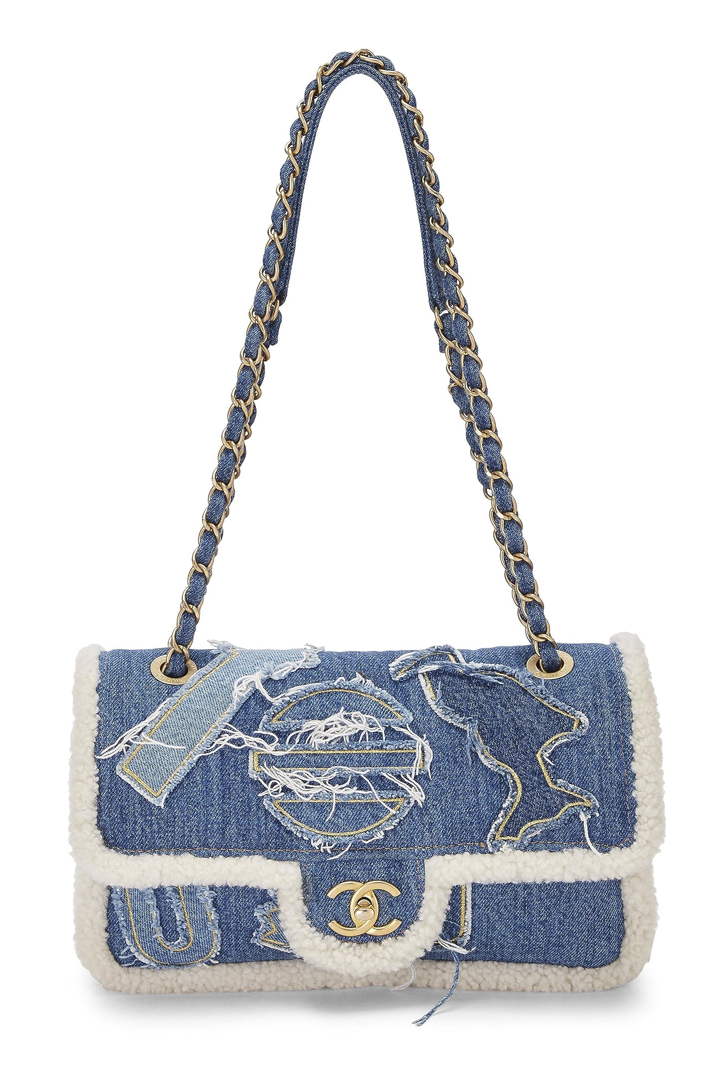 Chanel, sac à rabat hiéroglyphe Paris-Egypte en denim bleu et peau de mouton bleu d'occasion, taille moyenne, bleu