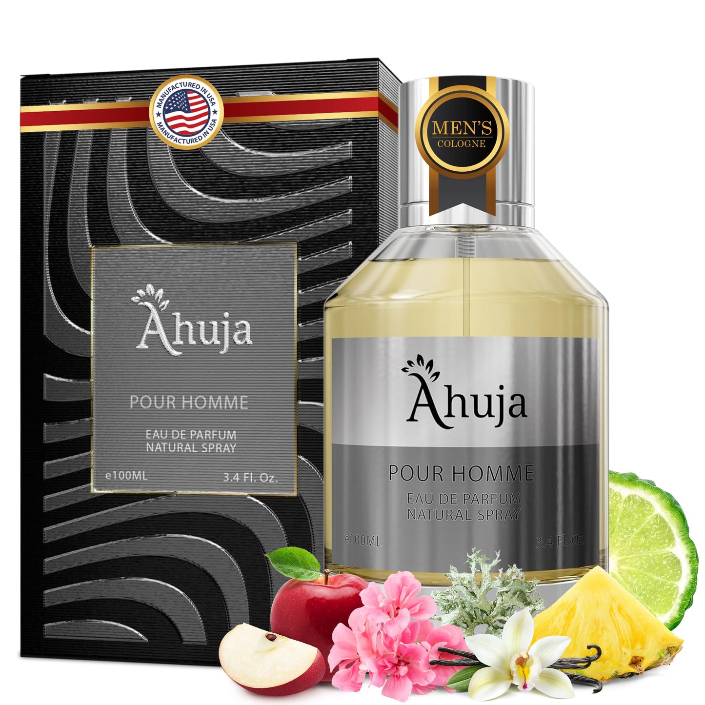 AHUJA Pour Homme Eau de Parfum for Men 3.4 fl oz - Men's Fragrance - Long Lasting Perfume for Men Original Citrus & Fruity Symphony Cologne for Men - Luxury Scent Gift for Men EDP