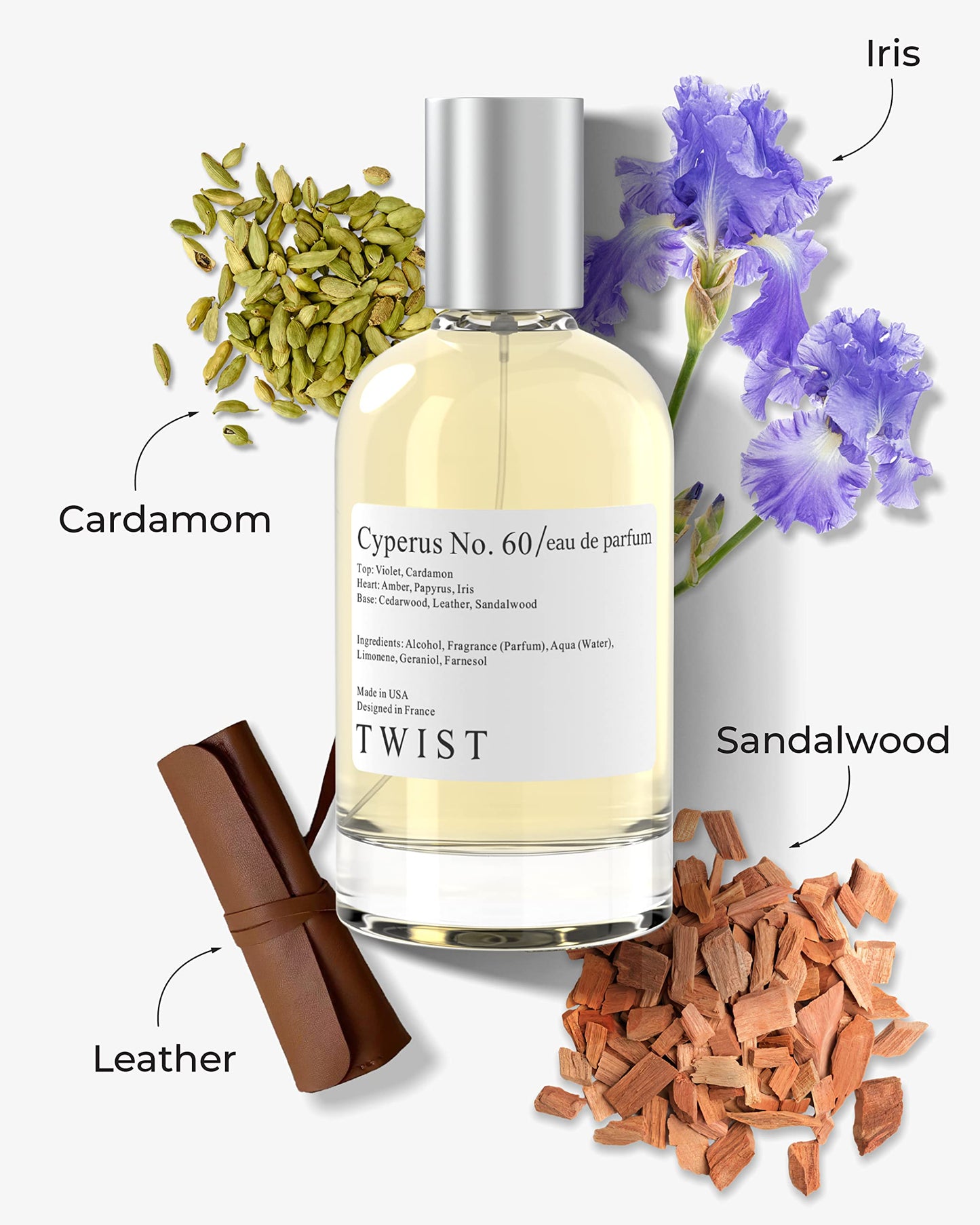 Twist - Cyperus No. 60 - Eau De Parfum inspirado en Santal 33, unisex de larga duración, perfume, sin parabenos, vegano, ingredientes limpios, fragancia unisex - Spray 100 ml | 3,4 fl. oz.