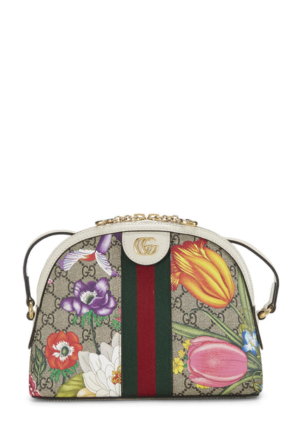 Gucci, Bolso de hombro pequeño Pre-Loved White Original GG Supreme Ophidia Flora Dome, Blanco