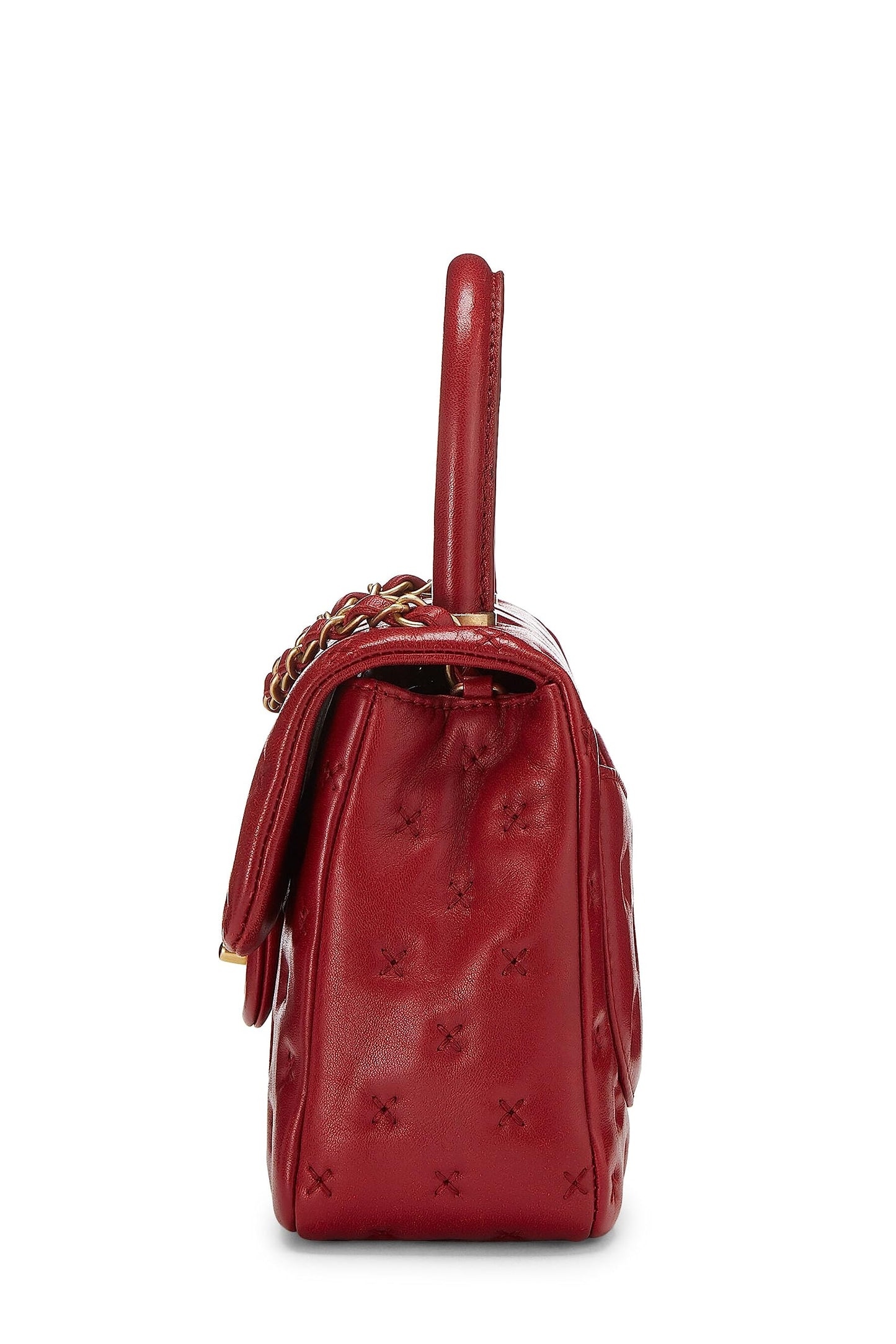 Chanel, Mini sac à main en cuir d'agneau avec poignée en coco et point de croix rouge d'occasion, rouge