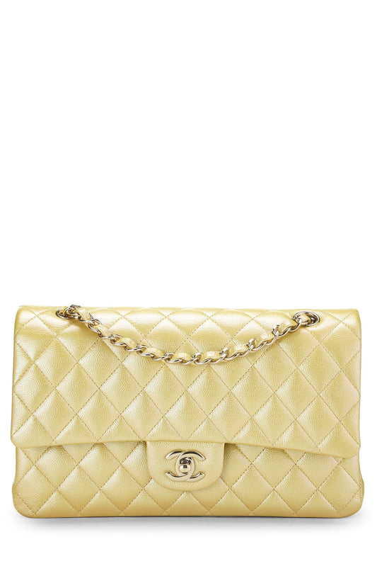 Chanel, sac à main classique à double rabat, taille moyenne, jaune irisé, d'occasion