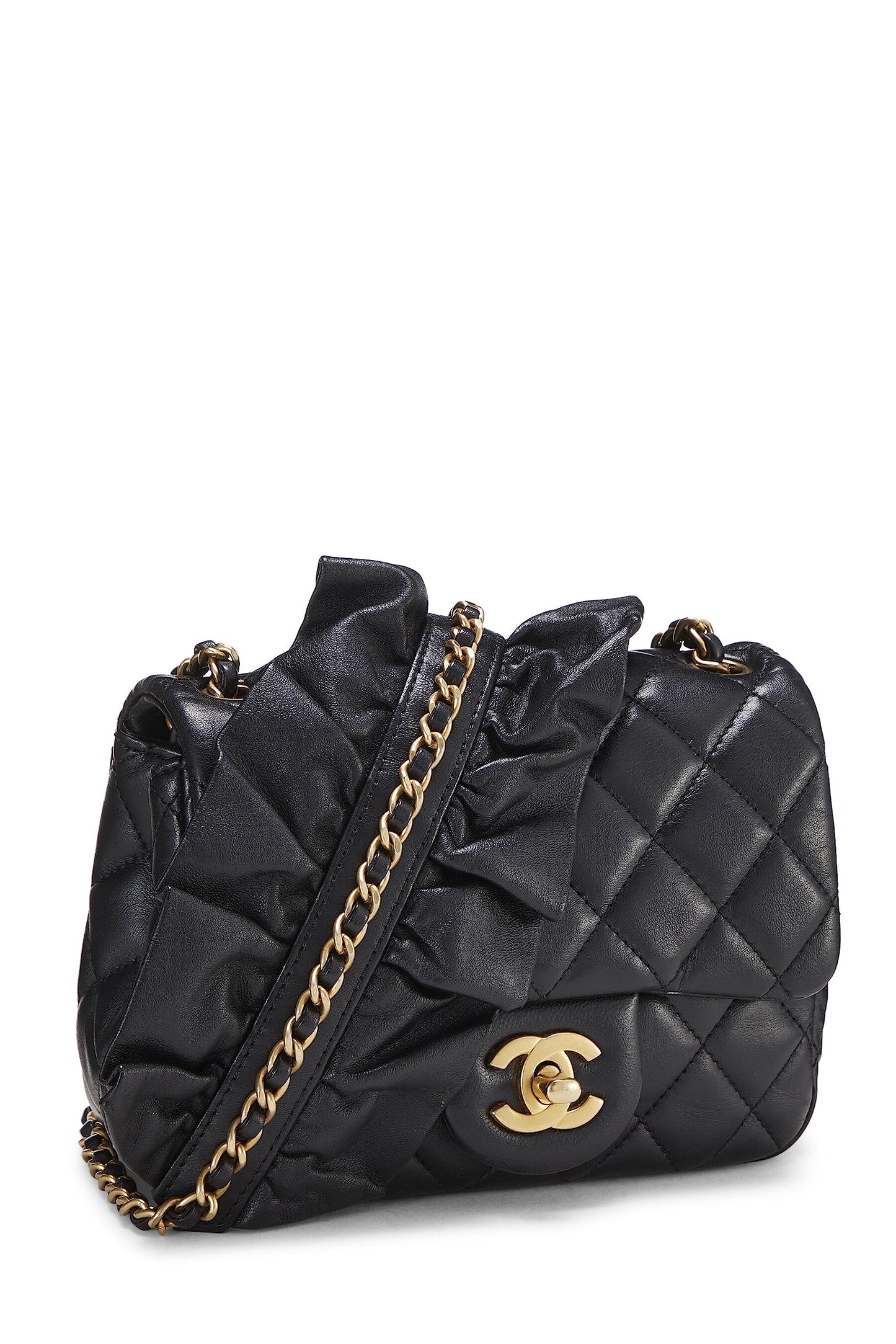 Chanel, Mini sac à rabat carré en cuir d'agneau matelassé noir Romance d'occasion, noir