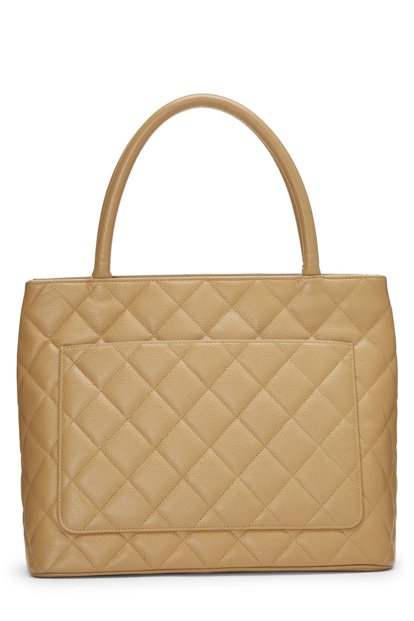 Chanel, sac fourre-tout matelassé à médaillon en caviar beige d'occasion, beige