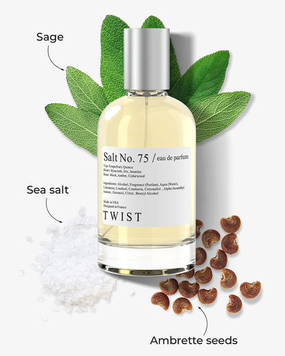 Twist Salt No. 75 - Eau de Parfum inspirée de J. Malone Wood Sage &amp; Sea Salt, Parfum longue durée pour femmes et hommes, sans paraben, végétalien, ingrédients propres, unisexe - Spray 100 ml | 3,4 fl. oz.