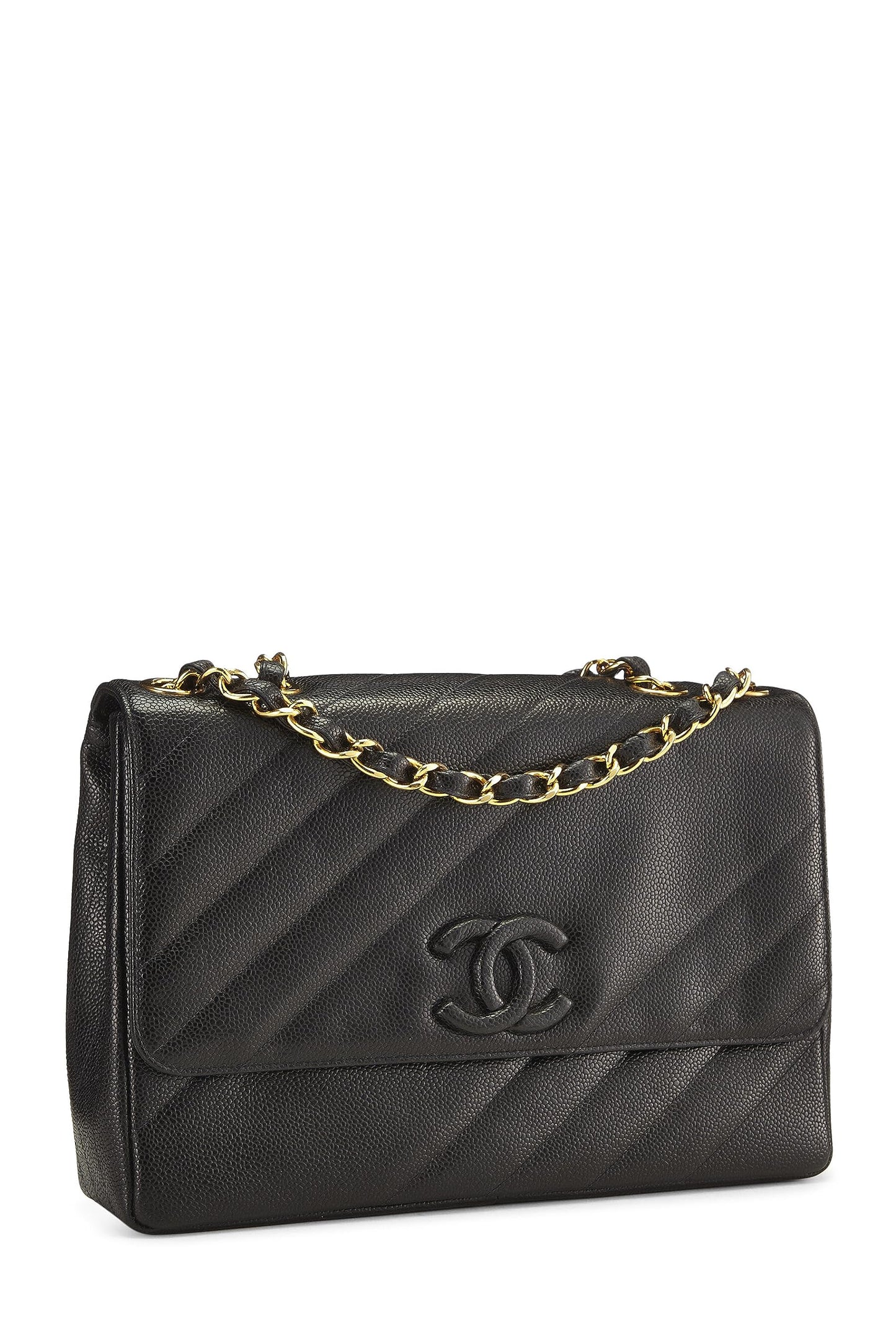 Chanel, Jumbo à rabat diagonal en caviar noir d'occasion, noir