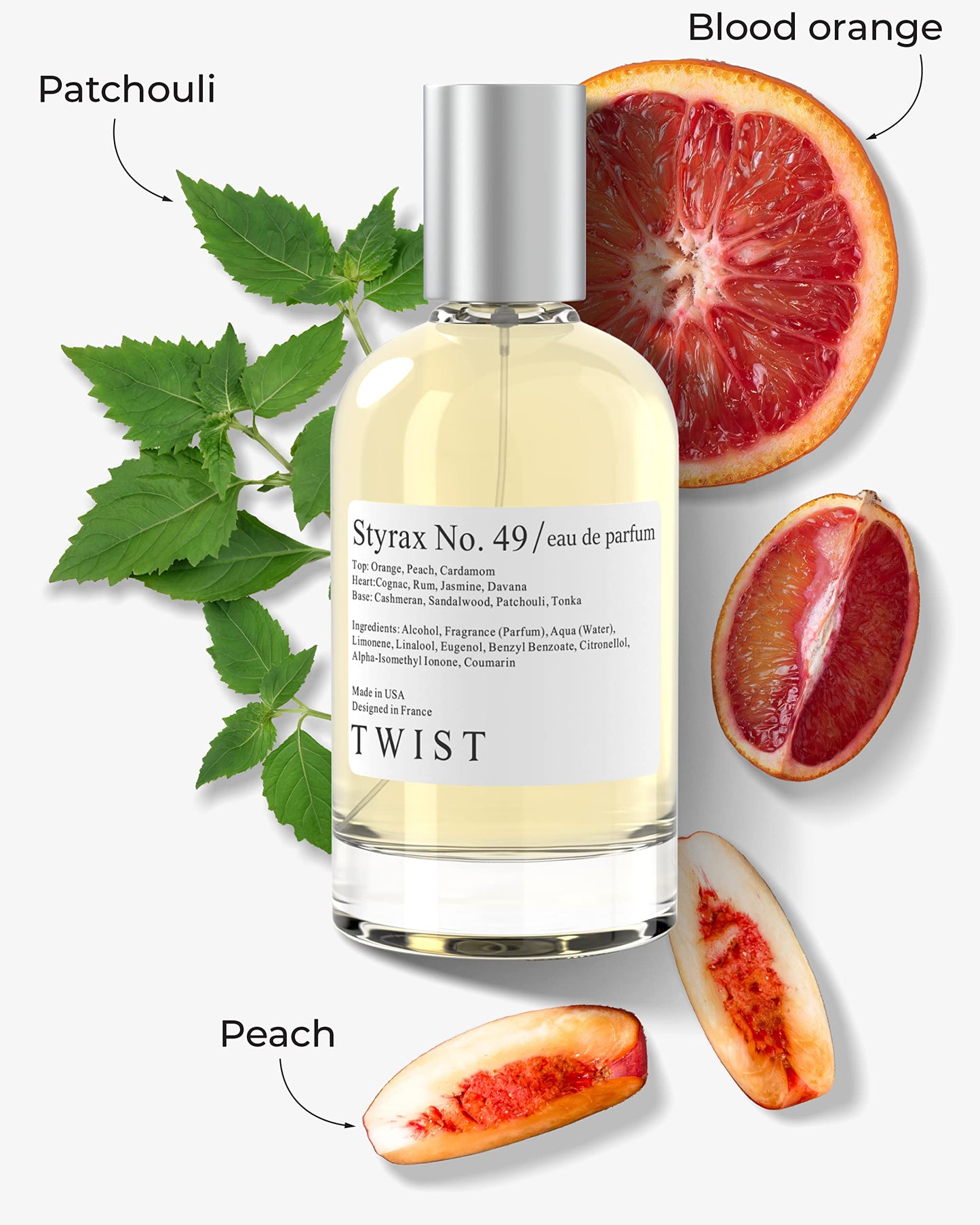 Twist Styrax No. 49 - Eau De Parfum Inspired by Tom Ford's Bitter Peach, Long Lasting Perfume For Women & Men, Paraben Free, Vegan, Clean Ingredients, Fragrance - Spray 100 ml | 3.4 fl. oz.