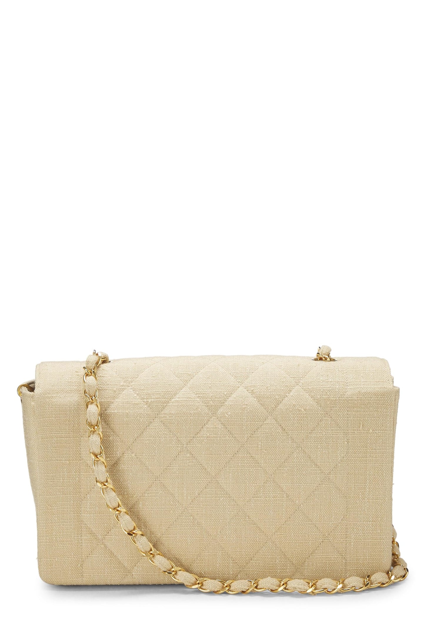 Chanel, Sac à rabat classique en lin matelassé beige d'occasion, taille M, beige