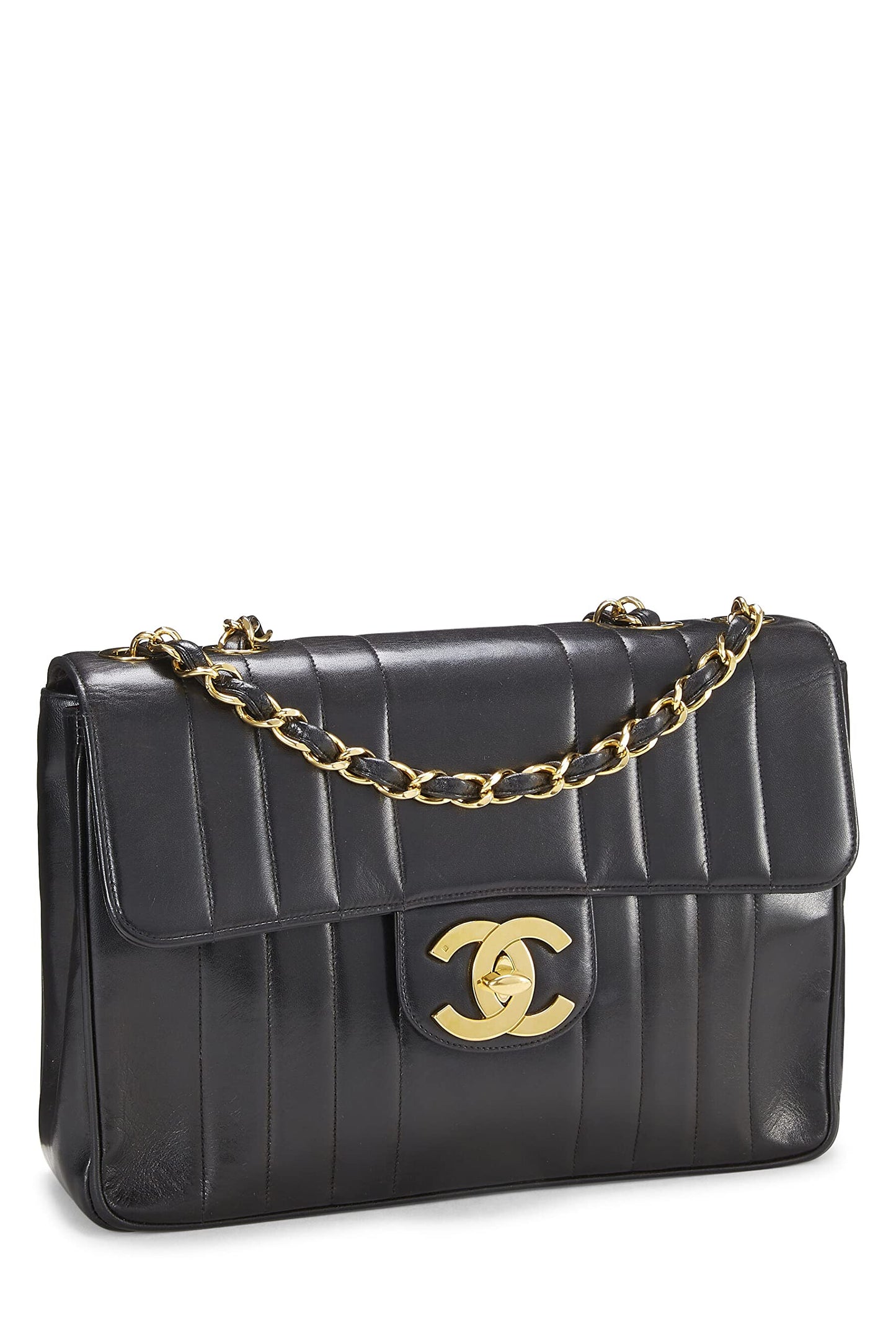 Chanel, Jumbo demi-rabat vertical en cuir d'agneau noir d'occasion, noir