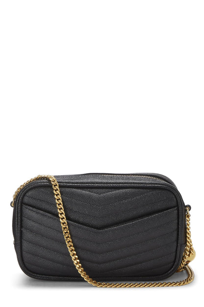 Yves Saint Laurent, sac à main Lou Camera Mini en cuir grainé à chevrons noir d'occasion, noir