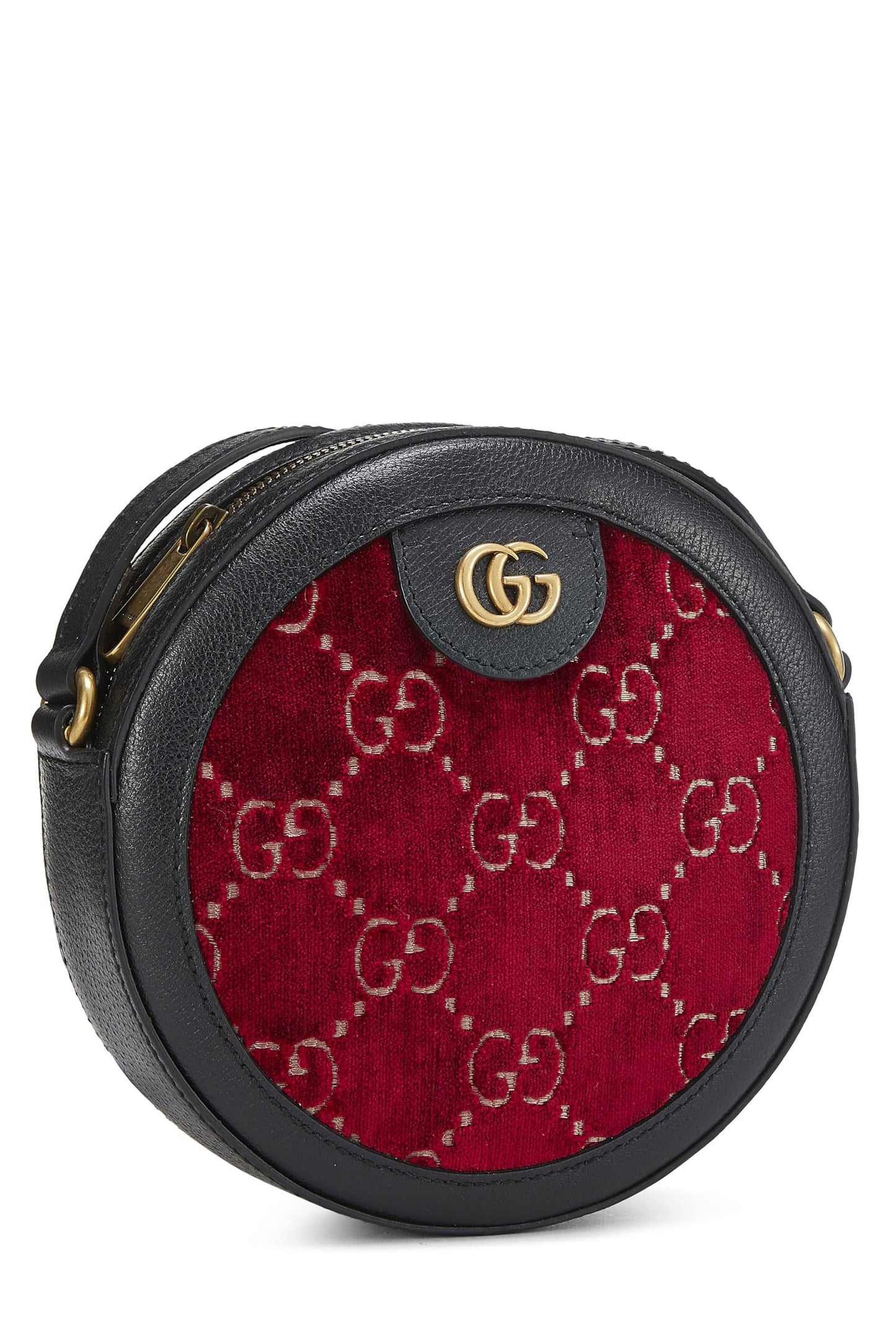 Gucci, sac à bandoulière rond GG Marmont en velours bordeaux d'occasion, mini, bordeaux