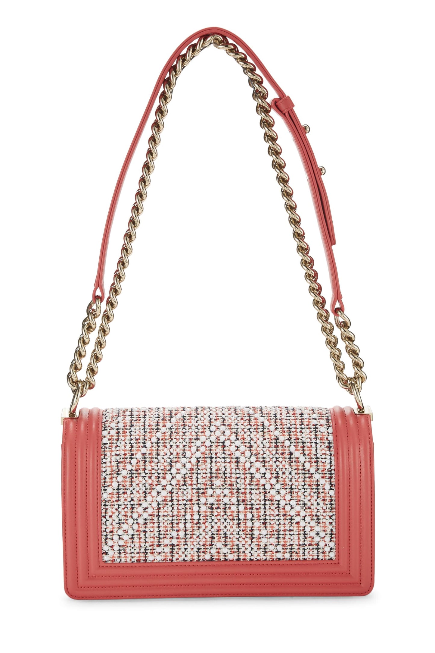 Chanel, Pre-Loved Pink & Multicolor Tweed Chevron Pearl Boy Bag Medium, Pink