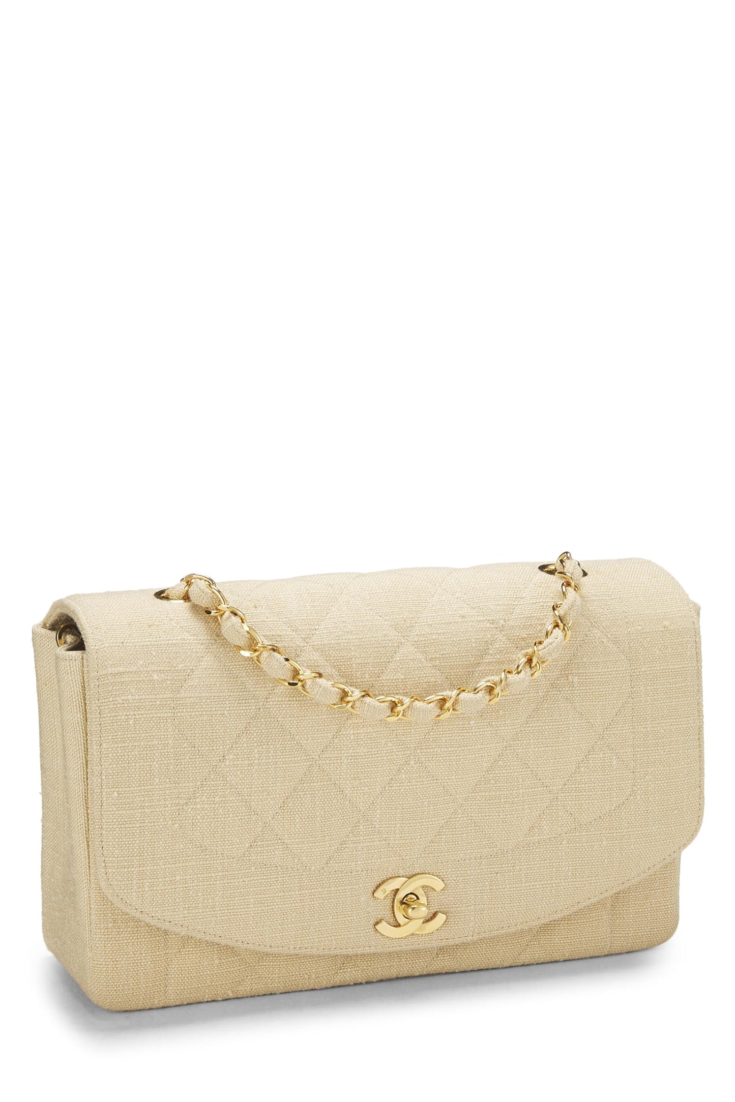 Chanel, Sac à rabat classique en lin matelassé beige d'occasion, taille M, beige