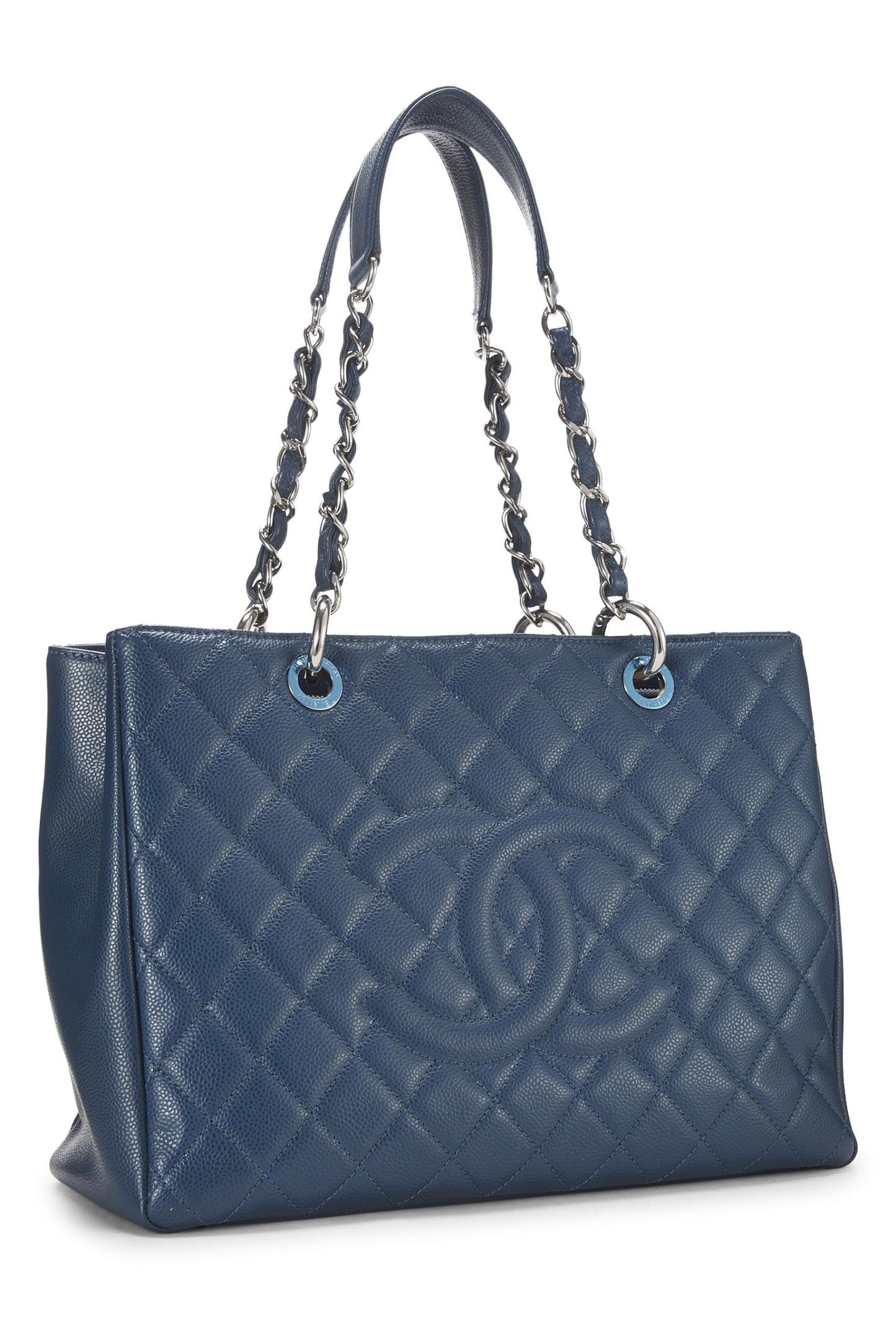 Chanel, Grand sac cabas matelassé beige Caviar d'occasion (GST), bleu