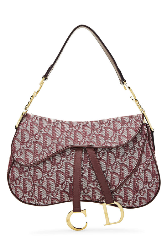 Dior, Pre-Loved Burgundy Trotter Canvas Double Saddle Bag, Burgundy