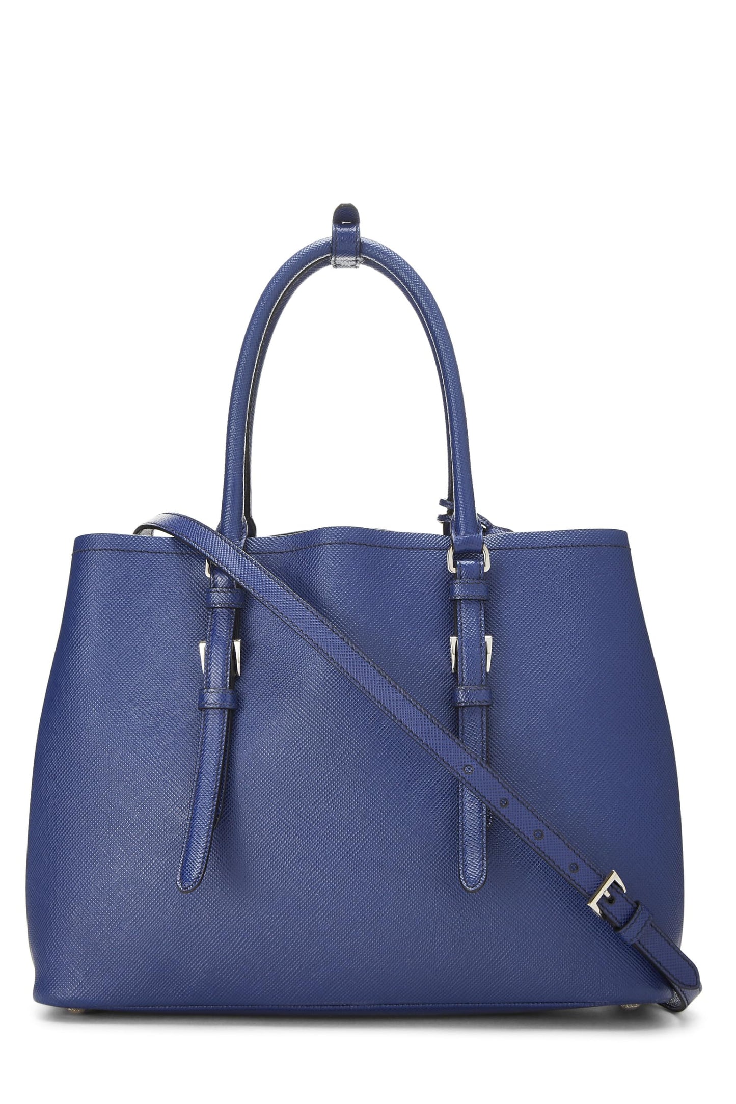 Prada, sac fourre-tout double moyen en cuir Saffiano bleu d'occasion, bleu