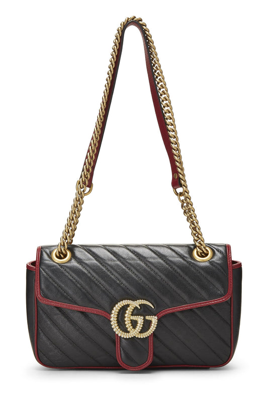 Gucci, sac à bandoulière Torchon Marmont en cuir noir d'occasion, petit modèle, noir