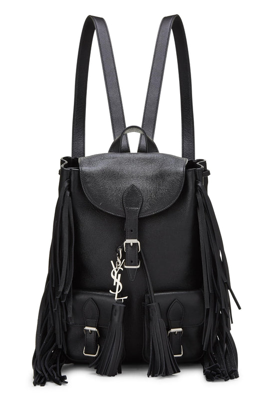 Yves Saint Laurent, sac à dos de festival à franges en cuir de veau noir d'occasion, petit modèle, noir