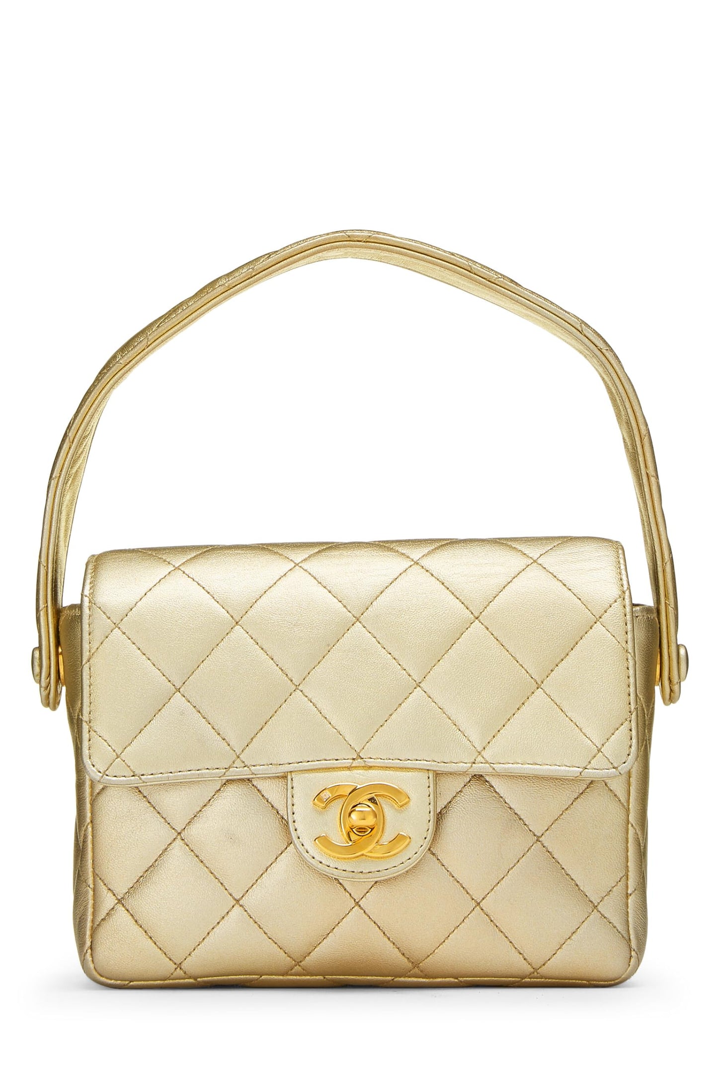 Chanel, Mini sac à main en cuir d'agneau matelassé doré d'occasion, doré