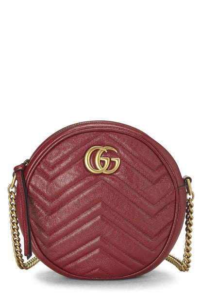 Gucci, Mini sac à bandoulière rond GG Marmont en cuir rouge d'occasion, rouge