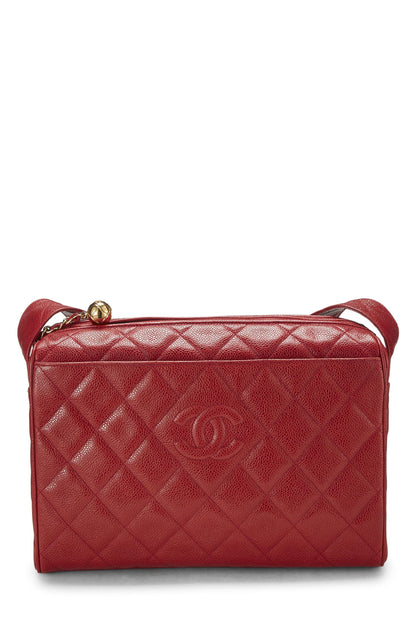 Chanel, sac pour appareil photo « CC » matelassé rouge Caviar Diamond, grand modèle, rouge