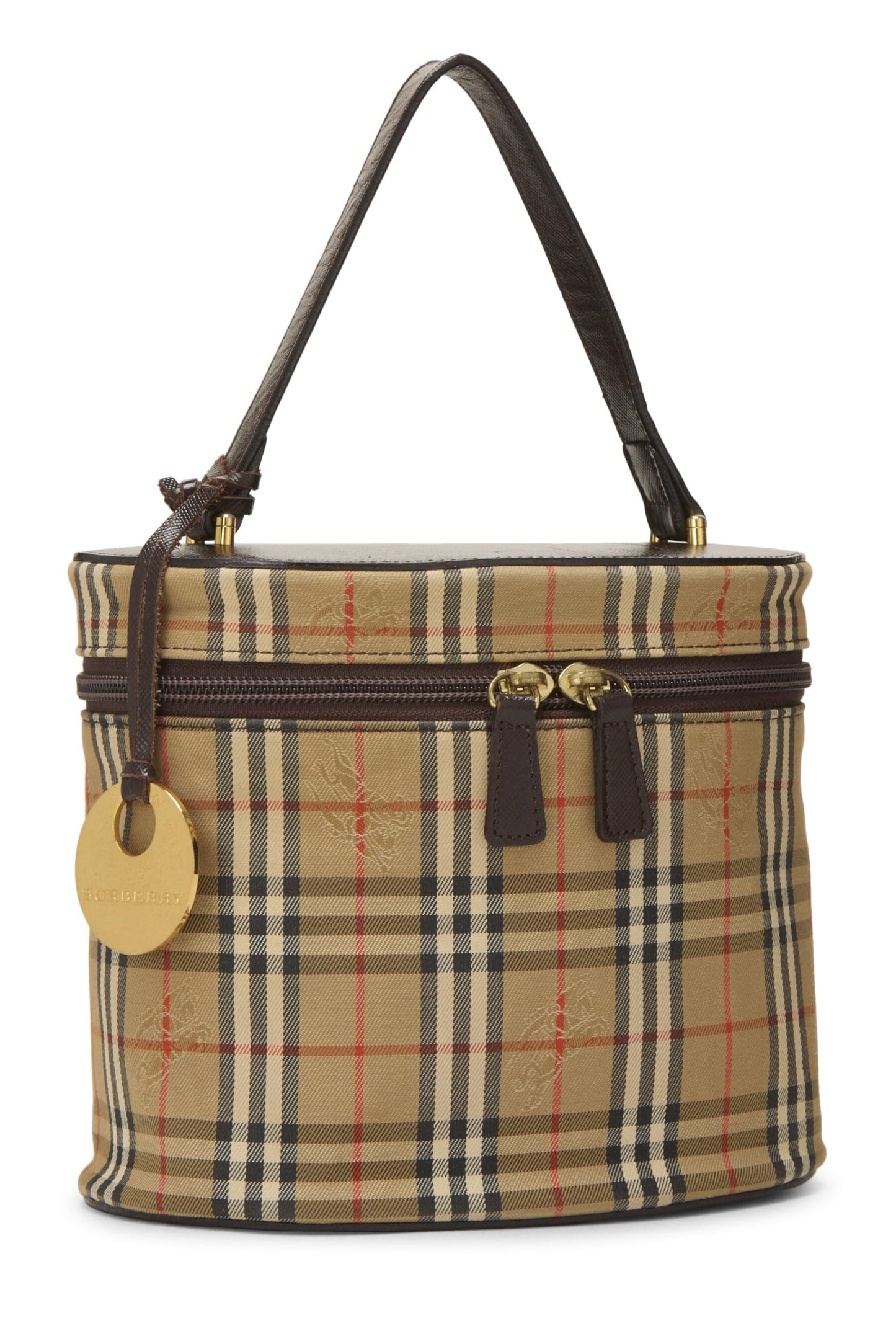 Burberry, trousse de toilette ronde en toile Haymarket marron d'occasion, marron