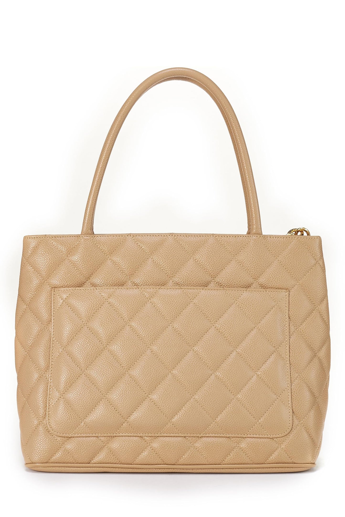 Chanel, Bolso tote con medallón de caviar acolchado beige Pre-Loved, Beige