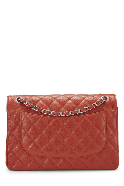 Chanel, Caviar acolchado naranja Pre-Loved New Classic Jumbo con doble solapa, Naranja