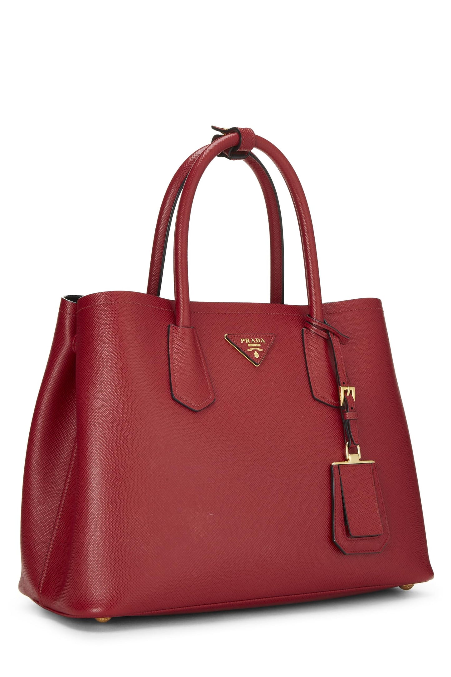 Prada, sac double moyen en saffiano rouge d'occasion, rouge