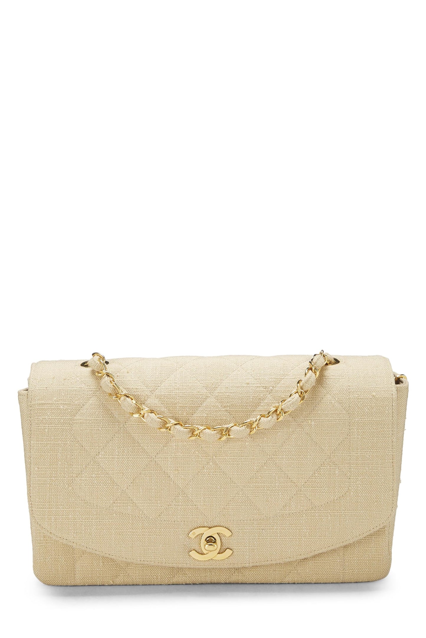 Chanel, Sac à rabat classique en lin matelassé beige d'occasion, taille M, beige