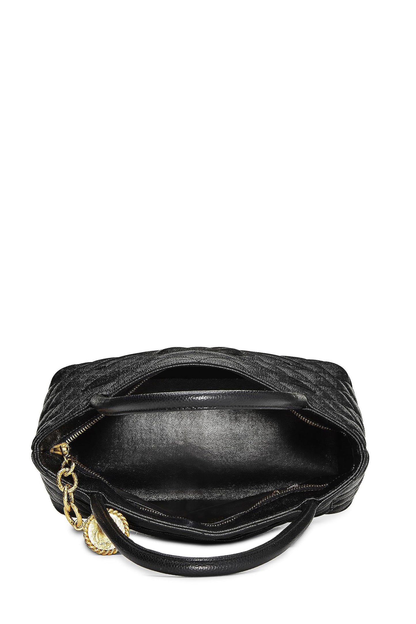 Chanel, sac fourre-tout matelassé noir à médaillon en caviar d'occasion, noir