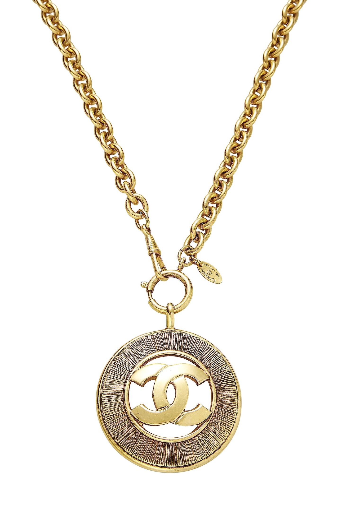 Chanel, collier « CC » Sunburst en or d'occasion, grand modèle, or