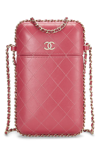 Chanel, Pre-Loved Pink Calfskin Crossbody Chain Phone Holder, Pink