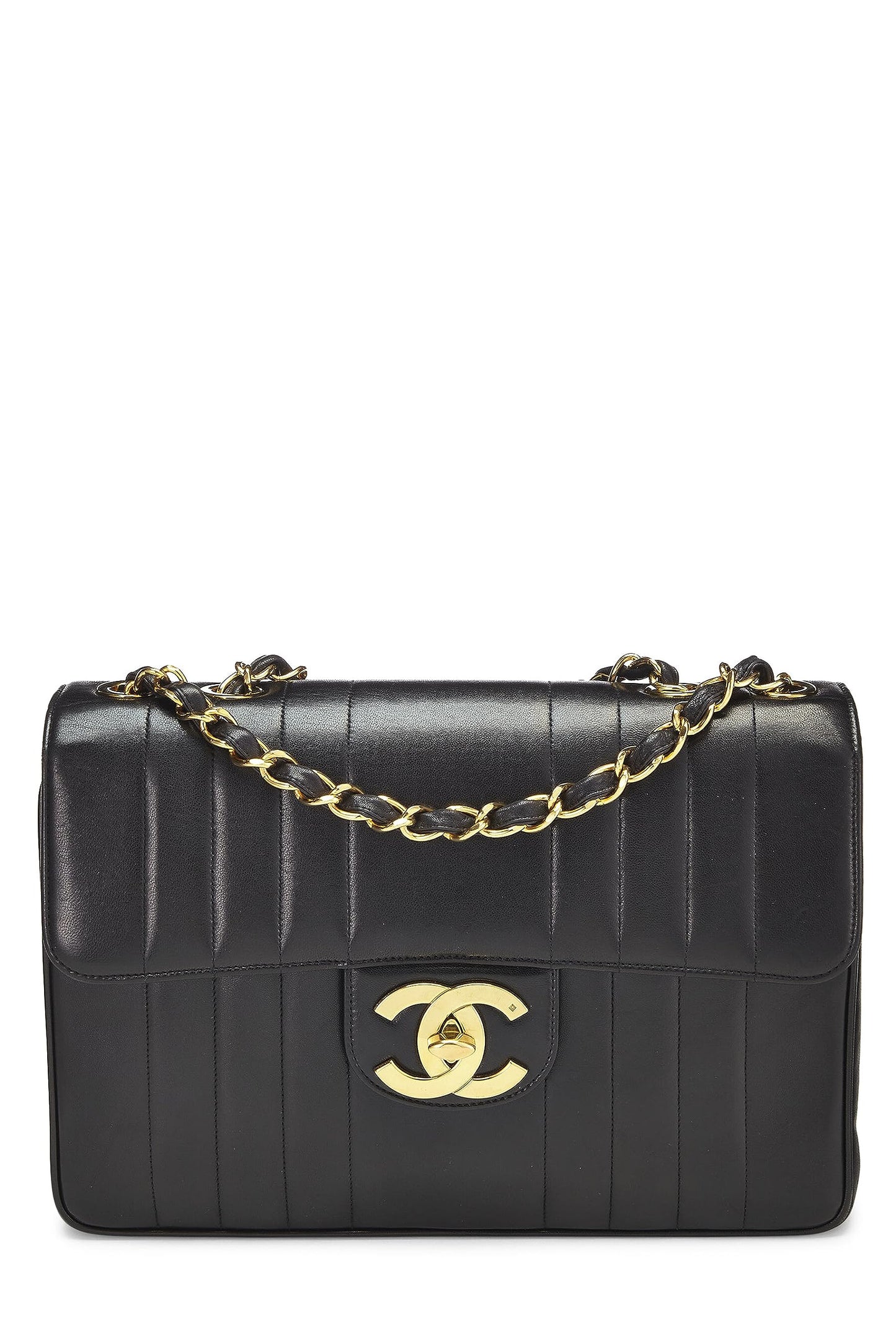 Chanel, Jumbo, sac à rabat vertical en cuir d'agneau noir d'occasion, noir