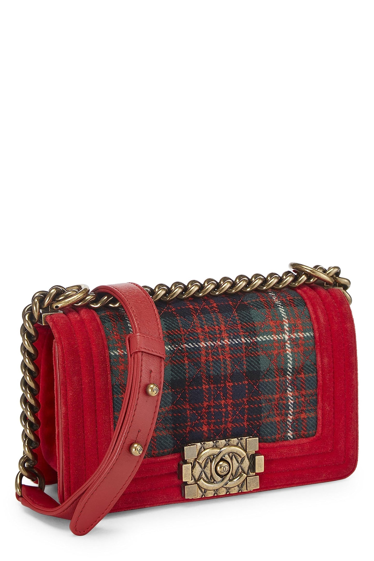 Chanel, Bolso pequeño para niño de terciopelo tartán rojo Pre-Loved Paris-Edimburgo, Rojo